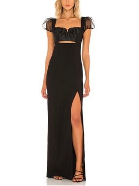 Likely size 14 Julie Gown maxi dress black tulle puff sleeve side slit cutout